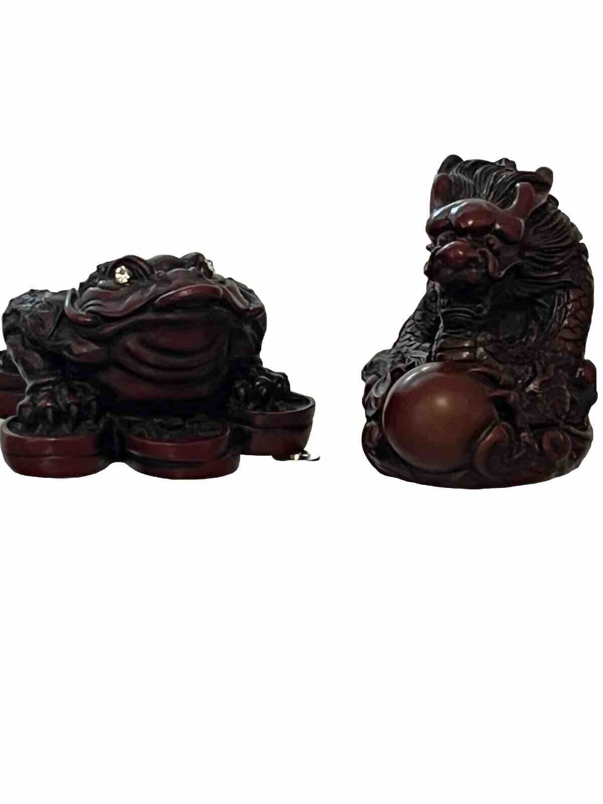 Vintage Chinese Dragon with ball and Frog with coin in mouth Red Resin figurines