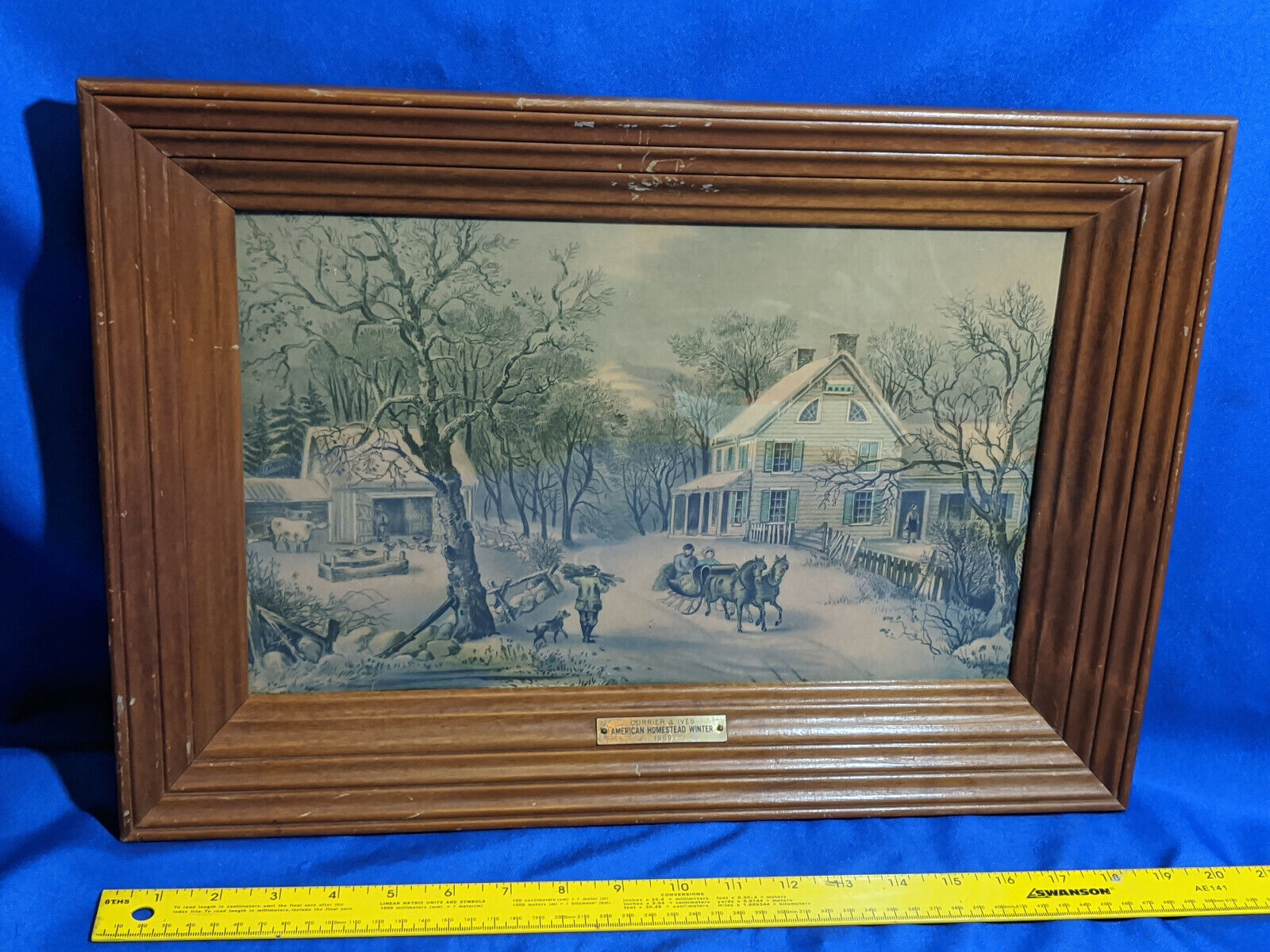 Antique-VTG Currier & Ives Plaque 1869 Framed Print American Homestead Winter