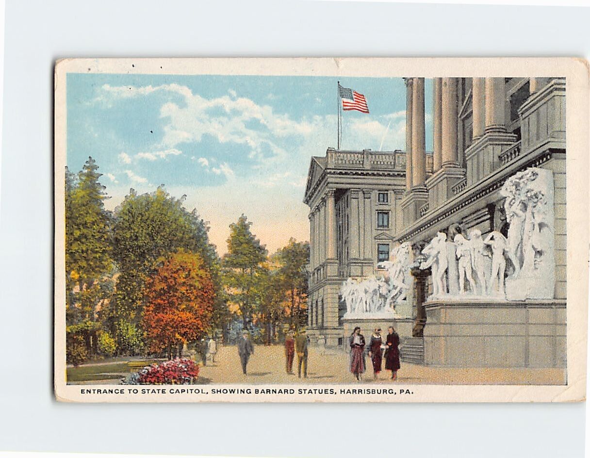 Postcard Entrance to State Capitol Showing Barnard Statues Harrisburg PA USA