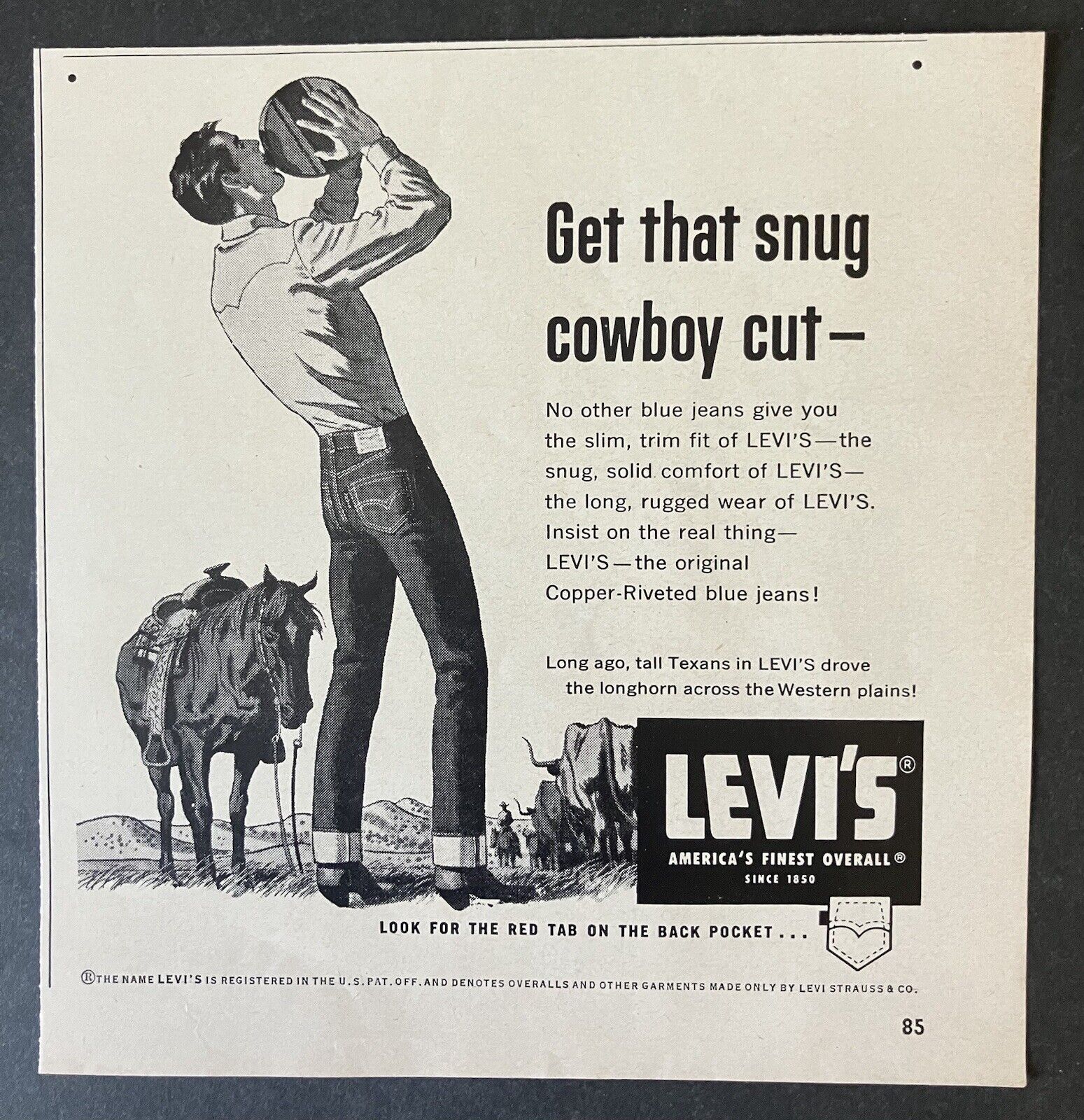 1955 Levi\'s America\'s Finest Overall Snug Cowboy Fit Horse B&W Vintage Print Ad