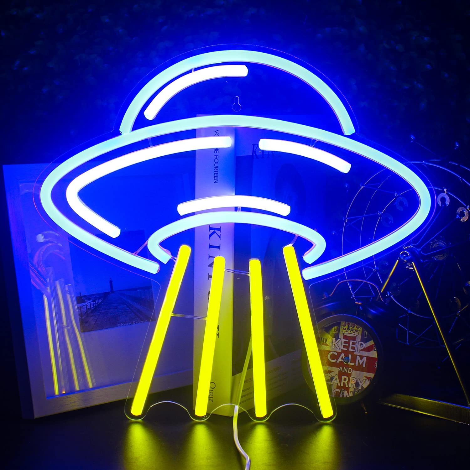 UFO Alien Spaceship LED Neon Light Signs Blue Yellow Neon Lights for Bedroom 