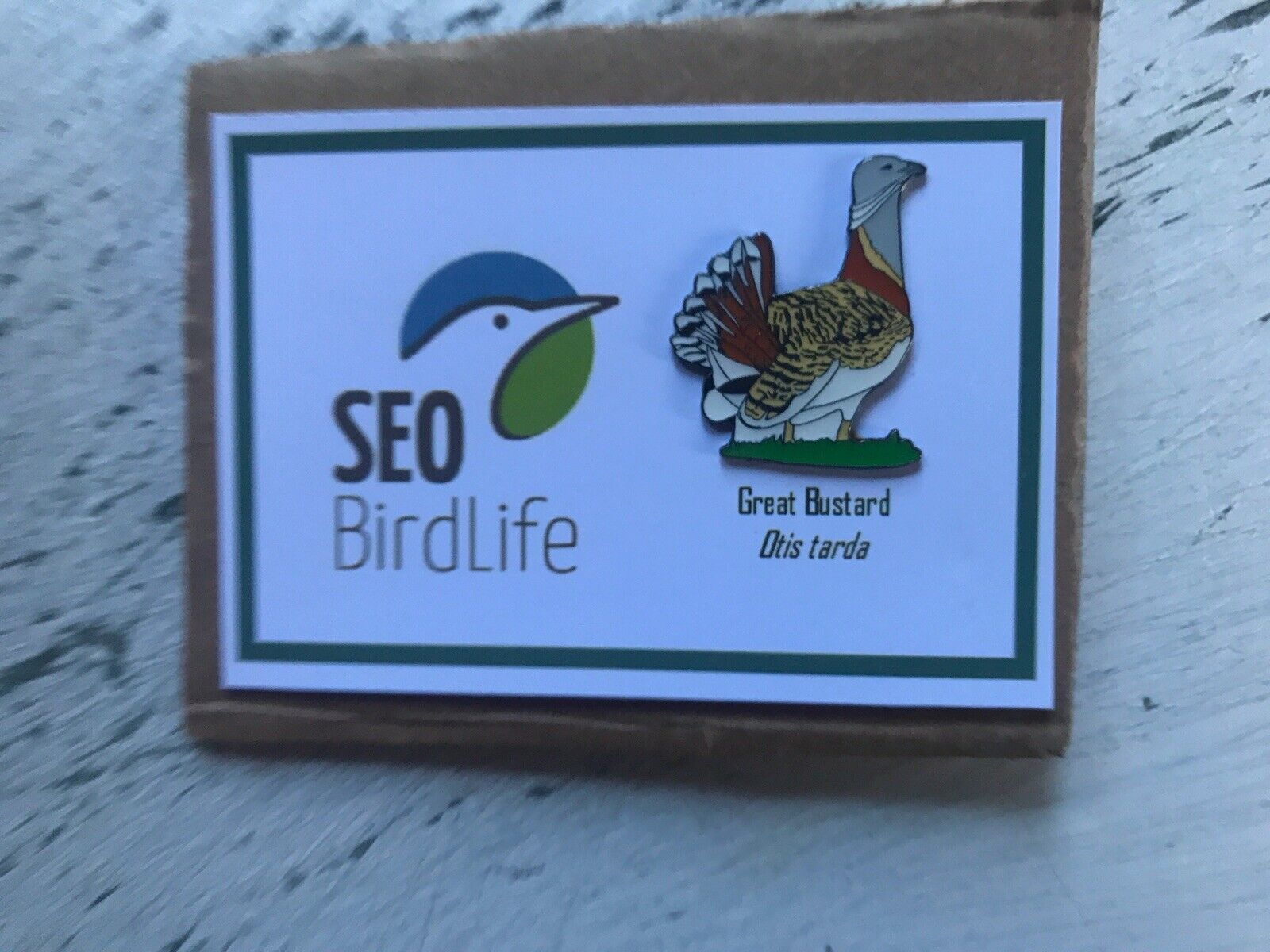 RSPB Partner SEO GREAT BUSTARD enamel BIRD charity pin badge on card Excellent|