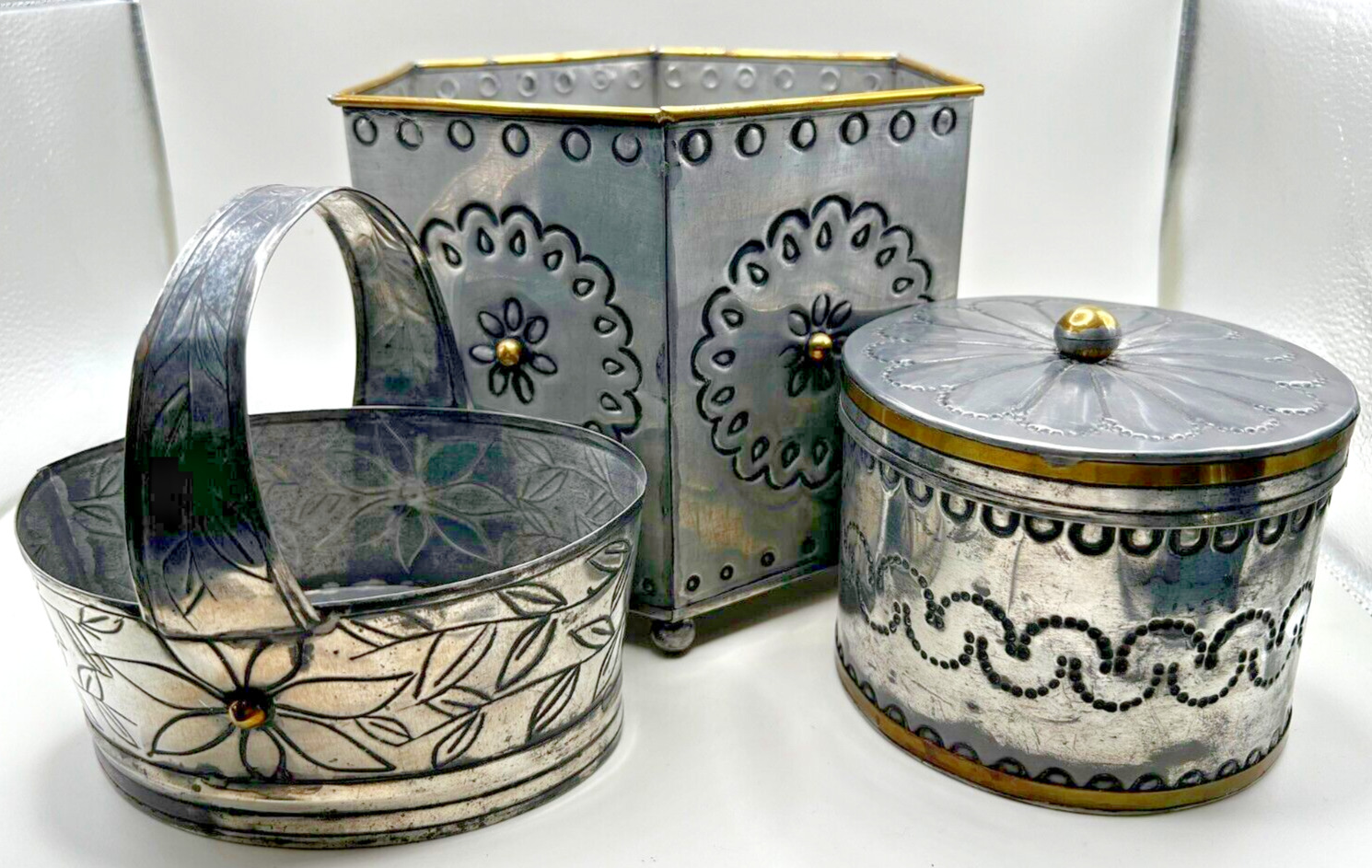 Punched Mexican Tin 3pc Set-Trinket Box w/ Lid, Small Basket & Large Box w/ Feet