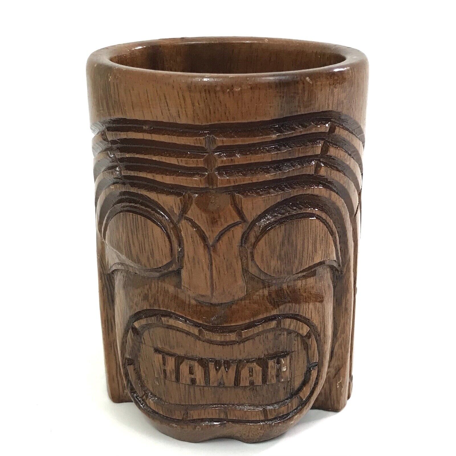 Vintage HAWAII Wood Polynesian Gifts Mug Cup TIKI HEAD Hand Carved SOUVENIR