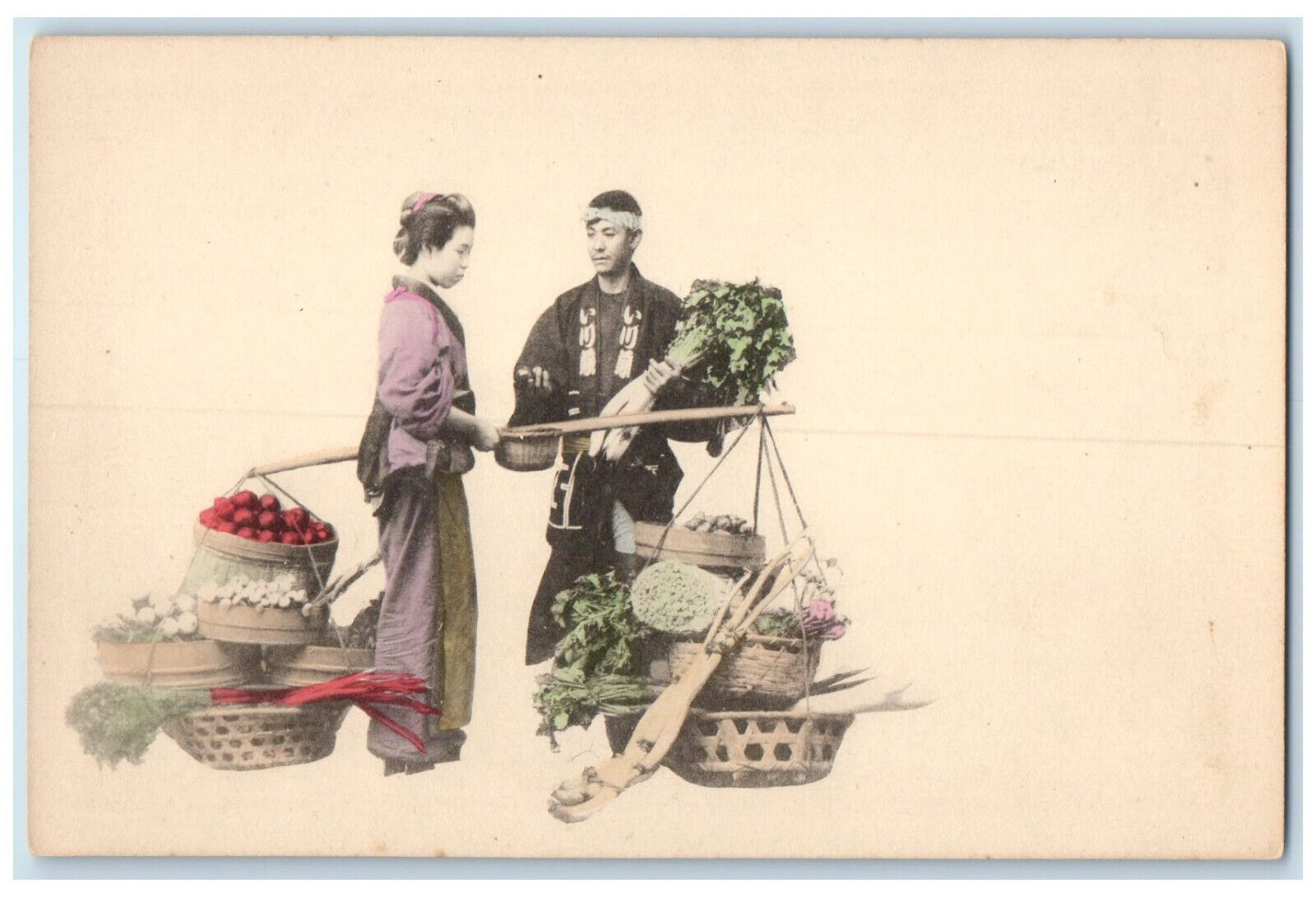 c1905 Japan Vegetable Market Seller Woman Buying Unposted Antique Postcard