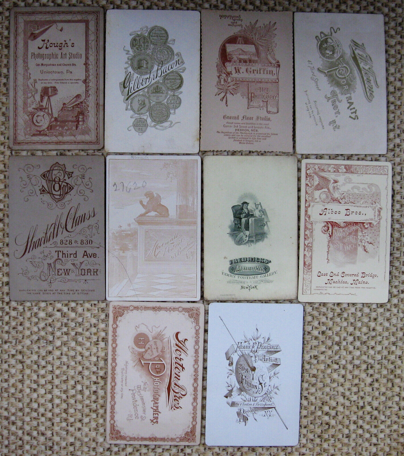 LOT OF 10 ANTIQUE CABINET PHOTOS WITH NICE INTERESTING PHOTOGRAPHER'S BACKSTAMPS