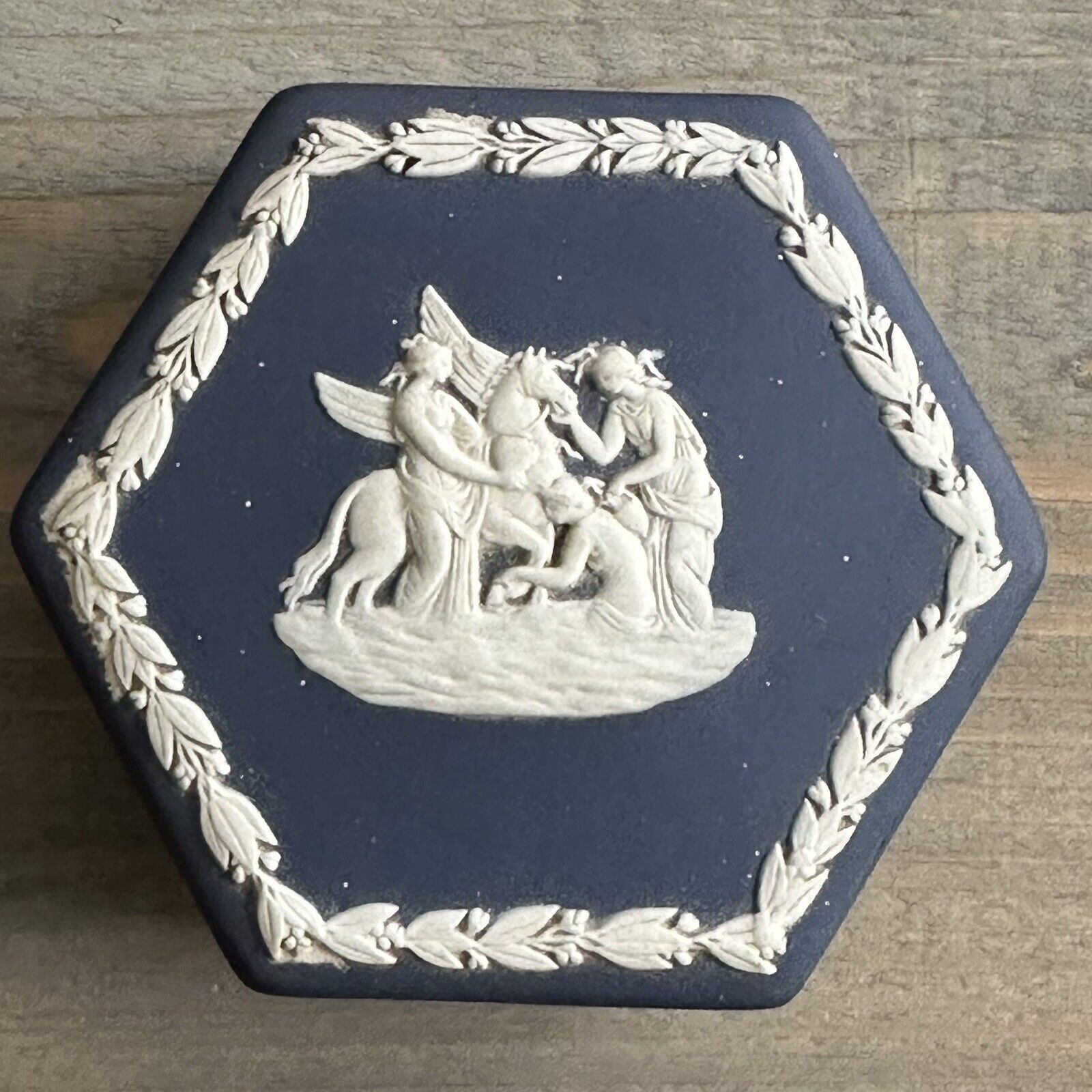 Wedgwood Jasperware Portland Blue 4” Hexagon Porcelain Trinket Box Collectible