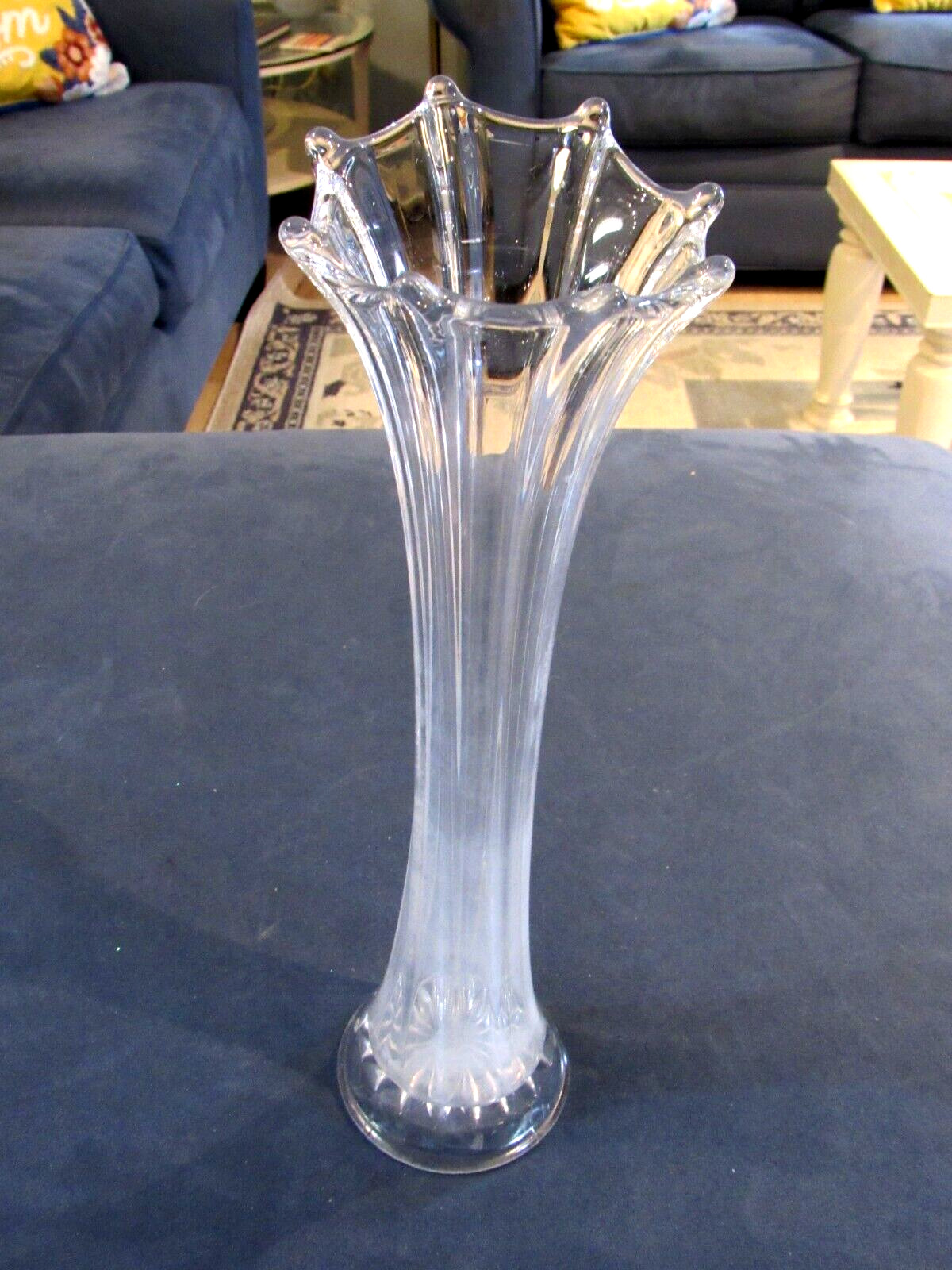 Vintage Swung Fluted Stretch Clear Glass Vase 8-Finger 15” Tall