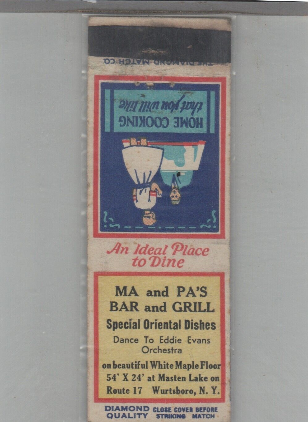 Matchbook Cover 1930s Diamond Quality Ma And Pa's Bar & Grill Wurtsboro, NY