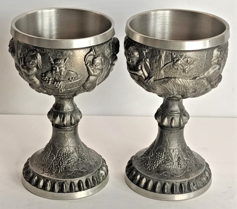Pewter Wine Goblets Three Scenes depict Rein Zinn Pure 95% Germany 5.5\