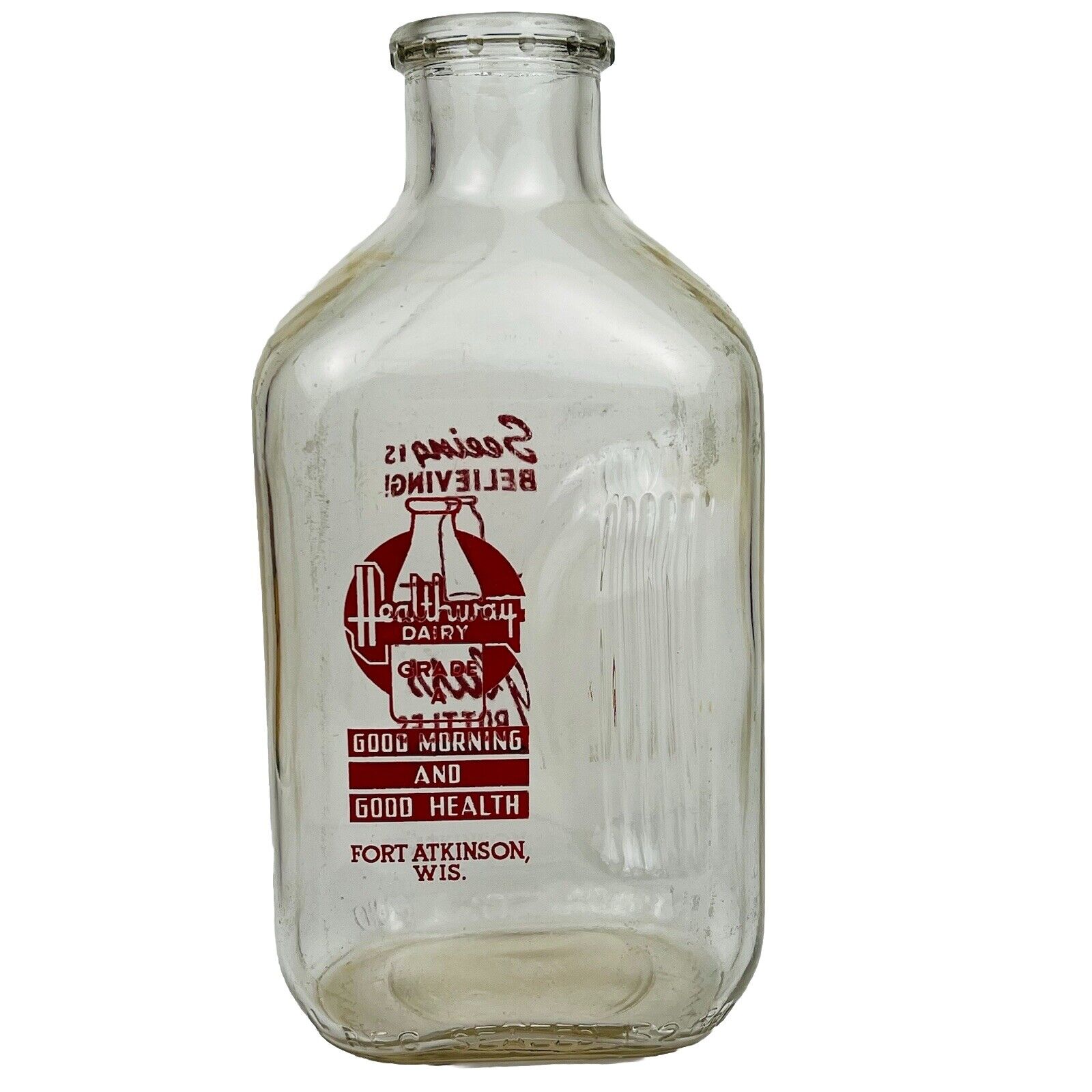 Vintage Healthway Dairy Half Gallon Glass Milk Bottle Double Sided Farmhouse