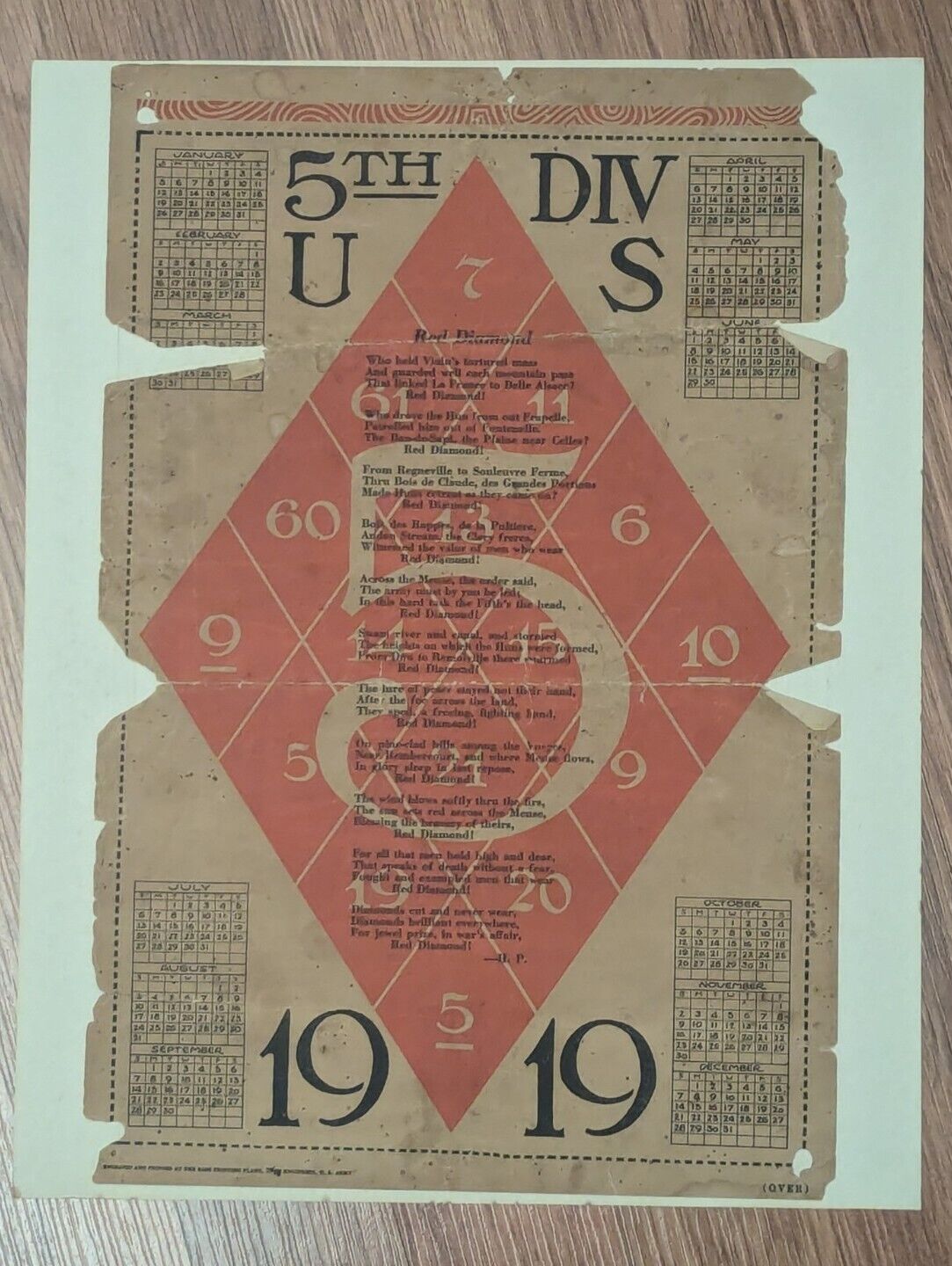 WWI 5th Division Infantry Red Diamond Calendar, Original, printed 1918 For 1919