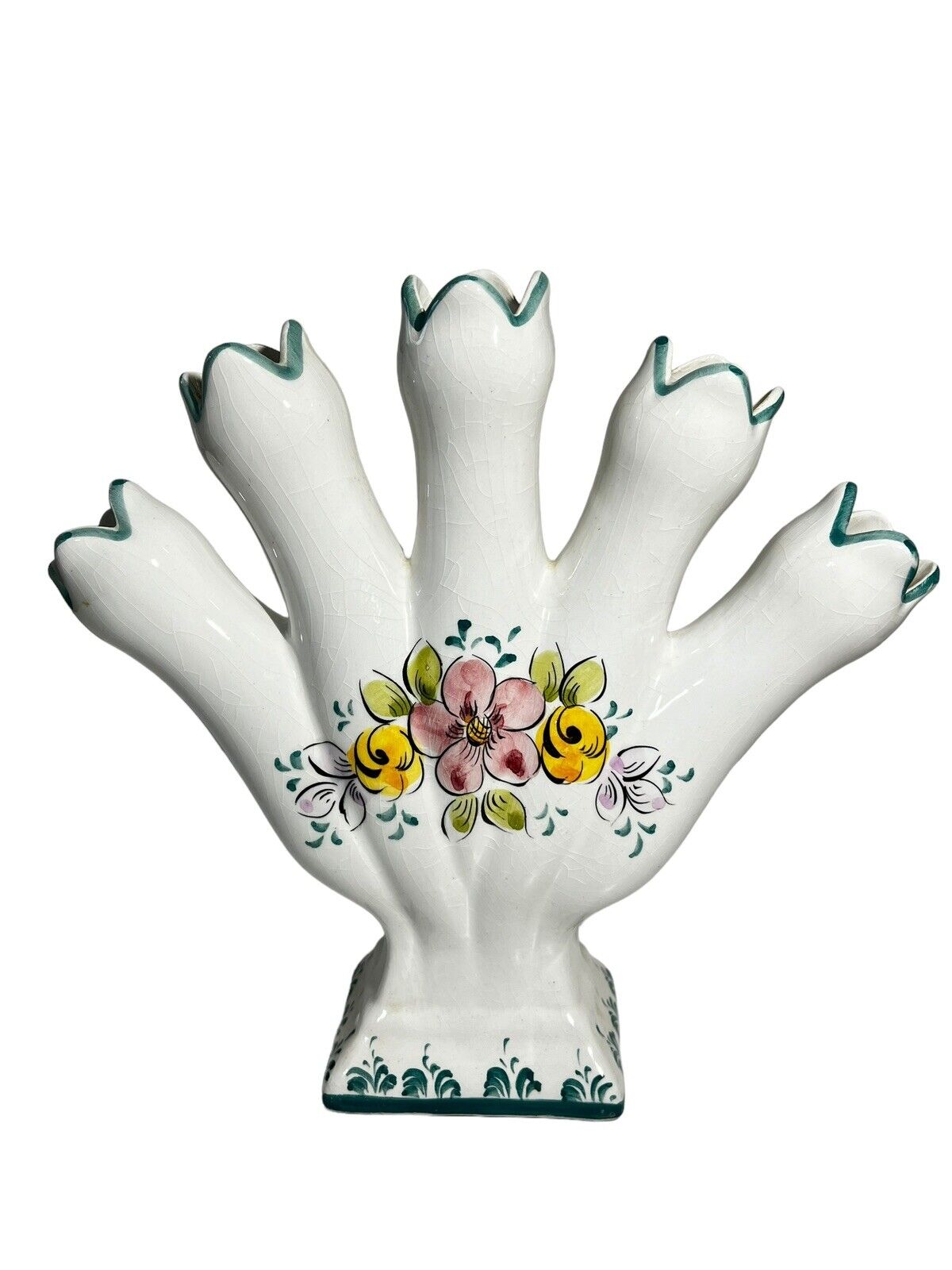 Vintage Elpa Alcobaca Portugal Five Finger Porcelain Tulipere Floral Vase 9”