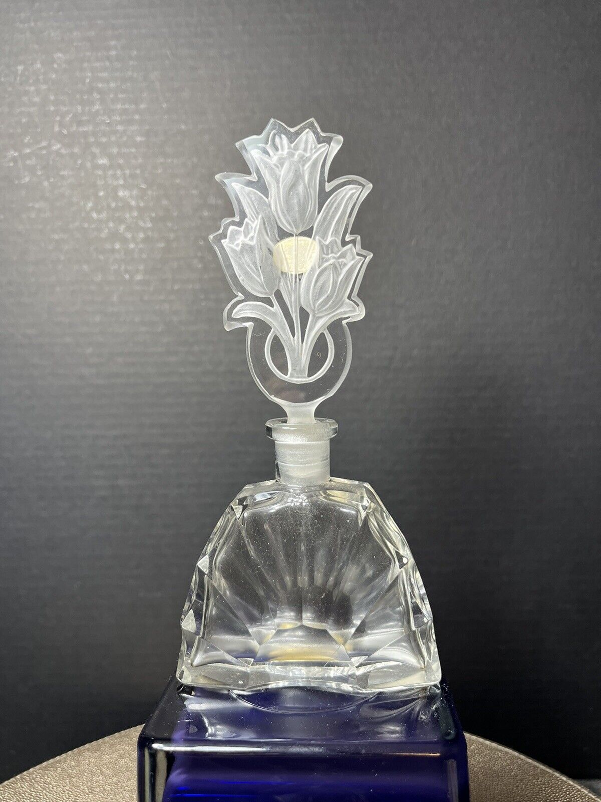 Vtg Czechoslovakia Crystal Glass Clear Perfume Bottle Tulip Flowers Orig Sticker