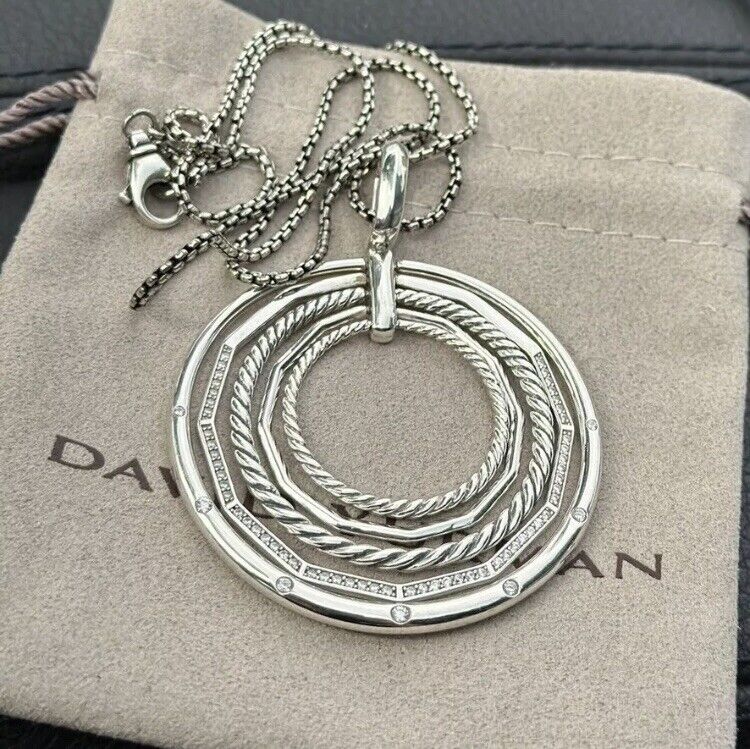 David Yurman Sterling Silver Stax Large Pendant & Necklace with Diamonds Chain