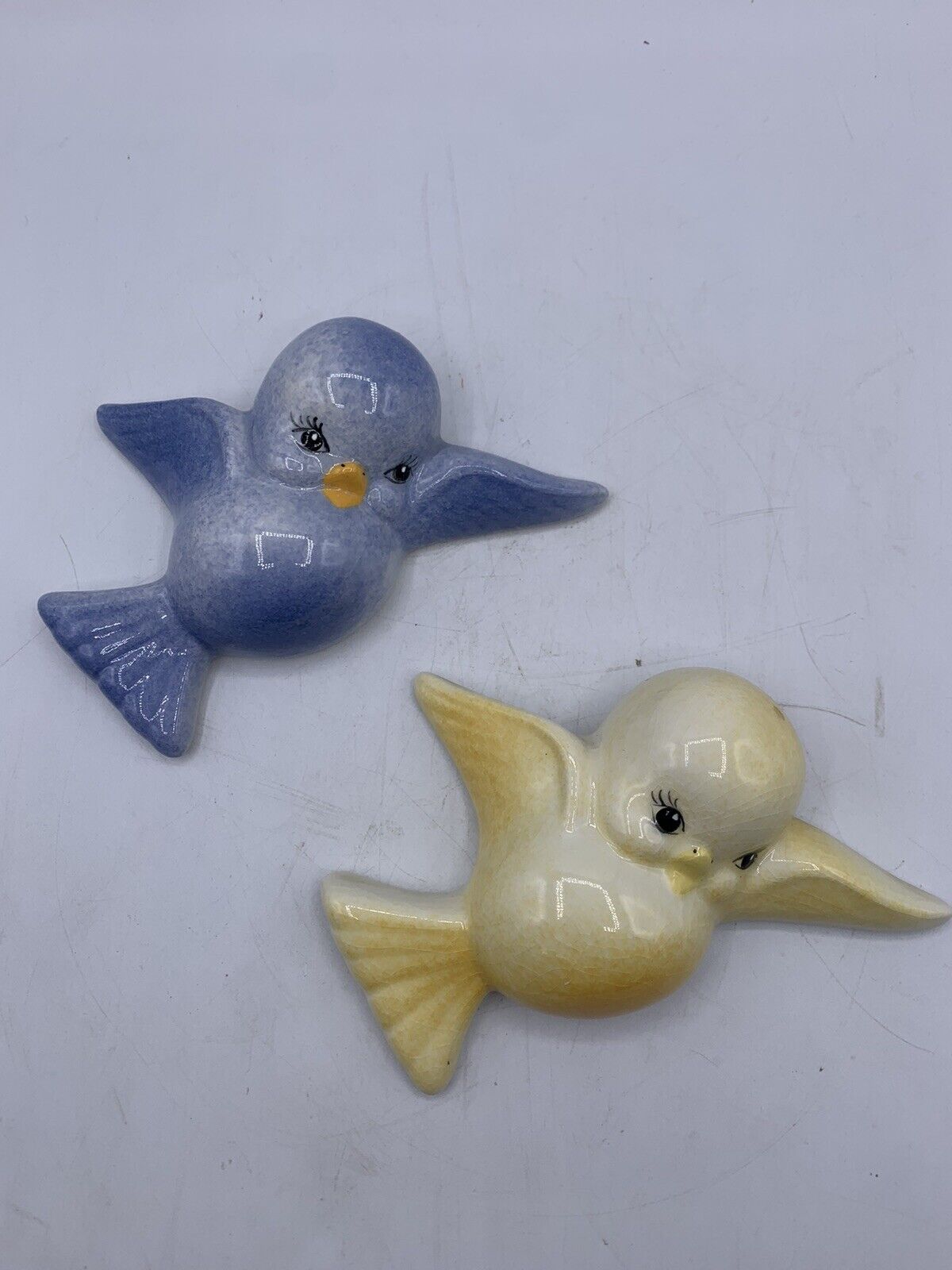 Vintage  Anthropomorphic Bluebird Yellow Canary Wall Hanging Plaques- 6” (Pair)