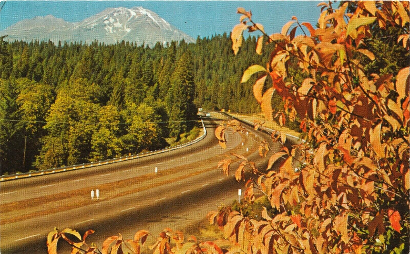Mt. Shasta during fall with highway-California CA-unposted vintage postcard
