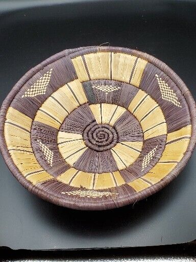 Vintage Large Coiled Woven 3 Color Tribal  Basket  Bowl 10.5\' Diameter 2.5\' Deep