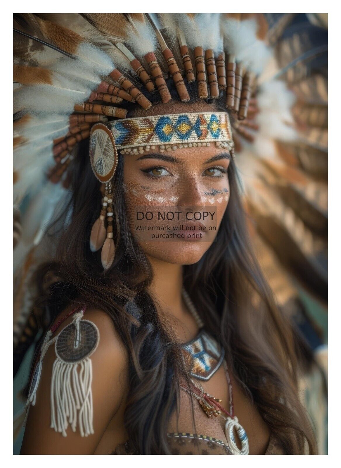 GORGEOUS YOUNG SEXY NATIVE AMEIRCAN LADY WEARING HEADRESS 5X7 FANTASY PHOTO
