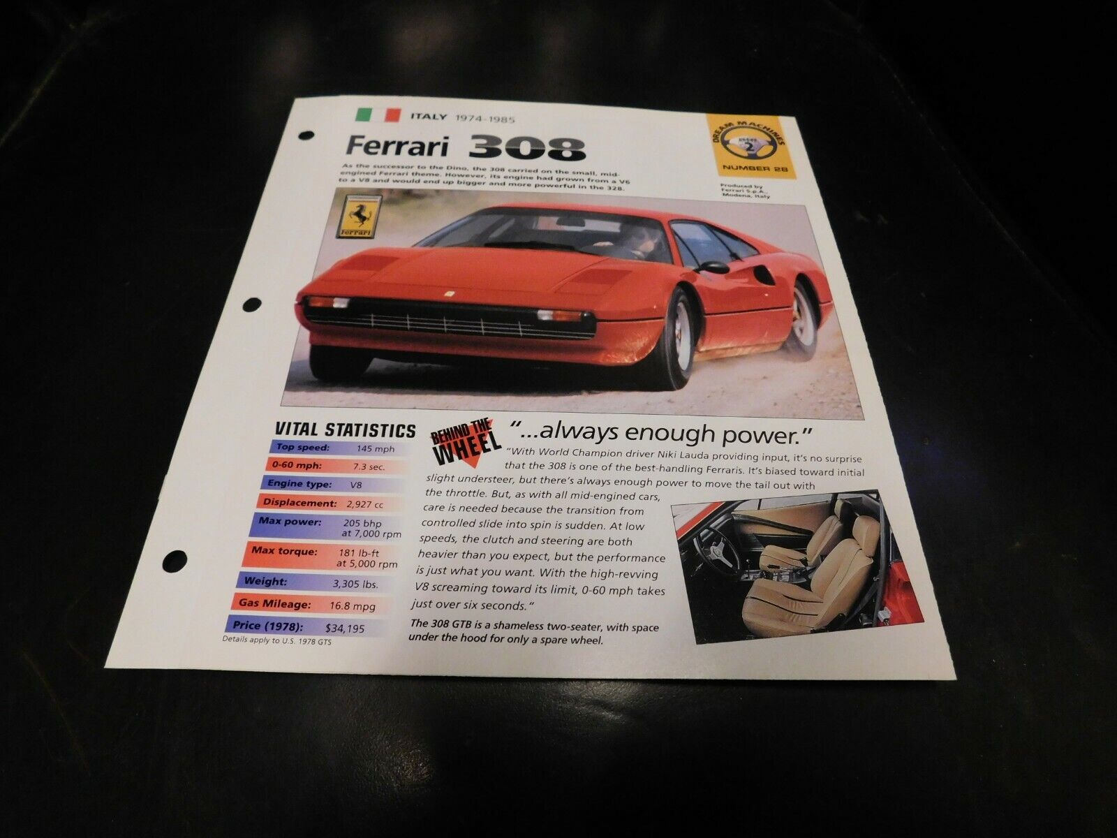 1974-1985 Ferrari 308 Spec Sheet Brochure Photo Poster 84 83 82 81
