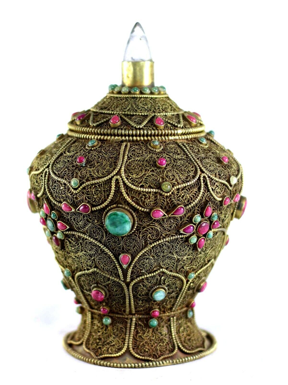 Filigree Full Gold Plated Tibetan Copper Gulpa Jar Buddhist Nepal Crystal Quartz