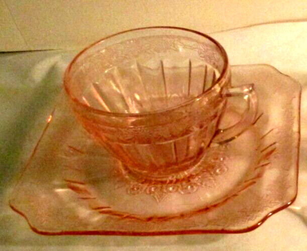 VINTAGE ADAM PINK DEPRESSION  GLASS CUP  & SAUCER   IN PERFECT CONDITION