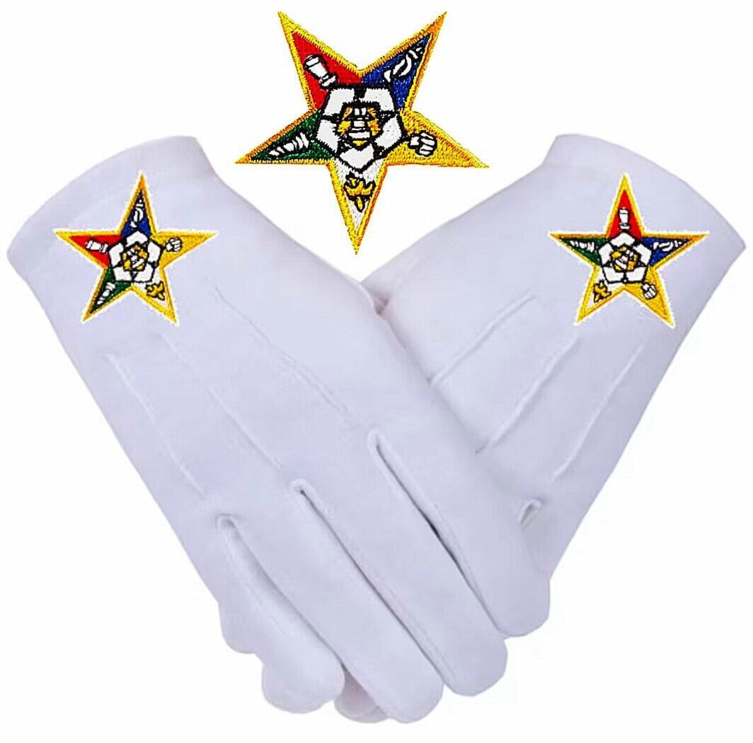 Masonic White OES Order of the Eastern Star Cotton XL Gloves Embroidered Logo