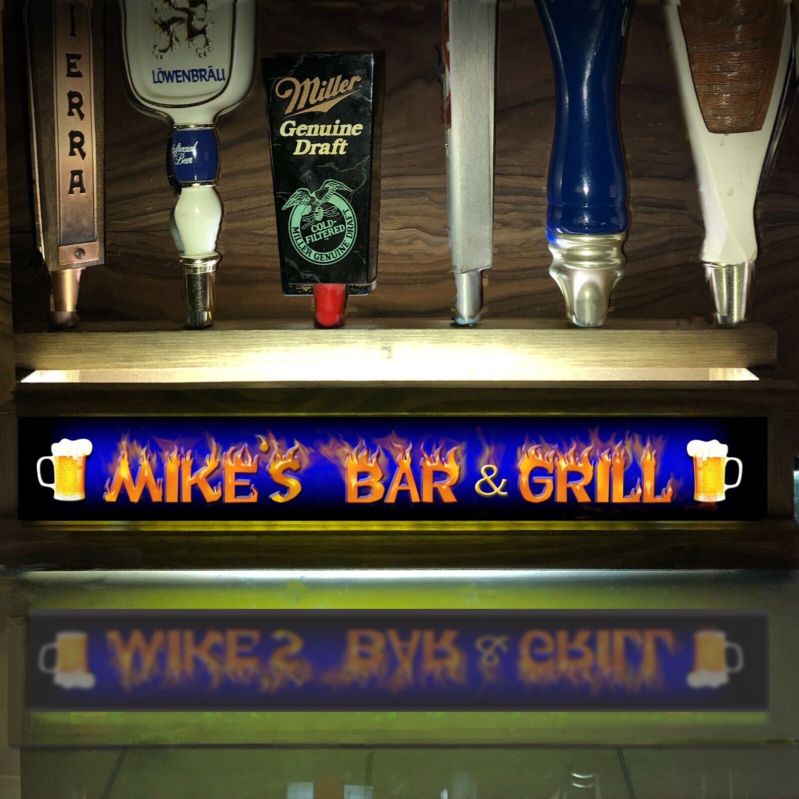 Beer tap handle display Personalized BAR & GRILL lighted holds 6 tap handles