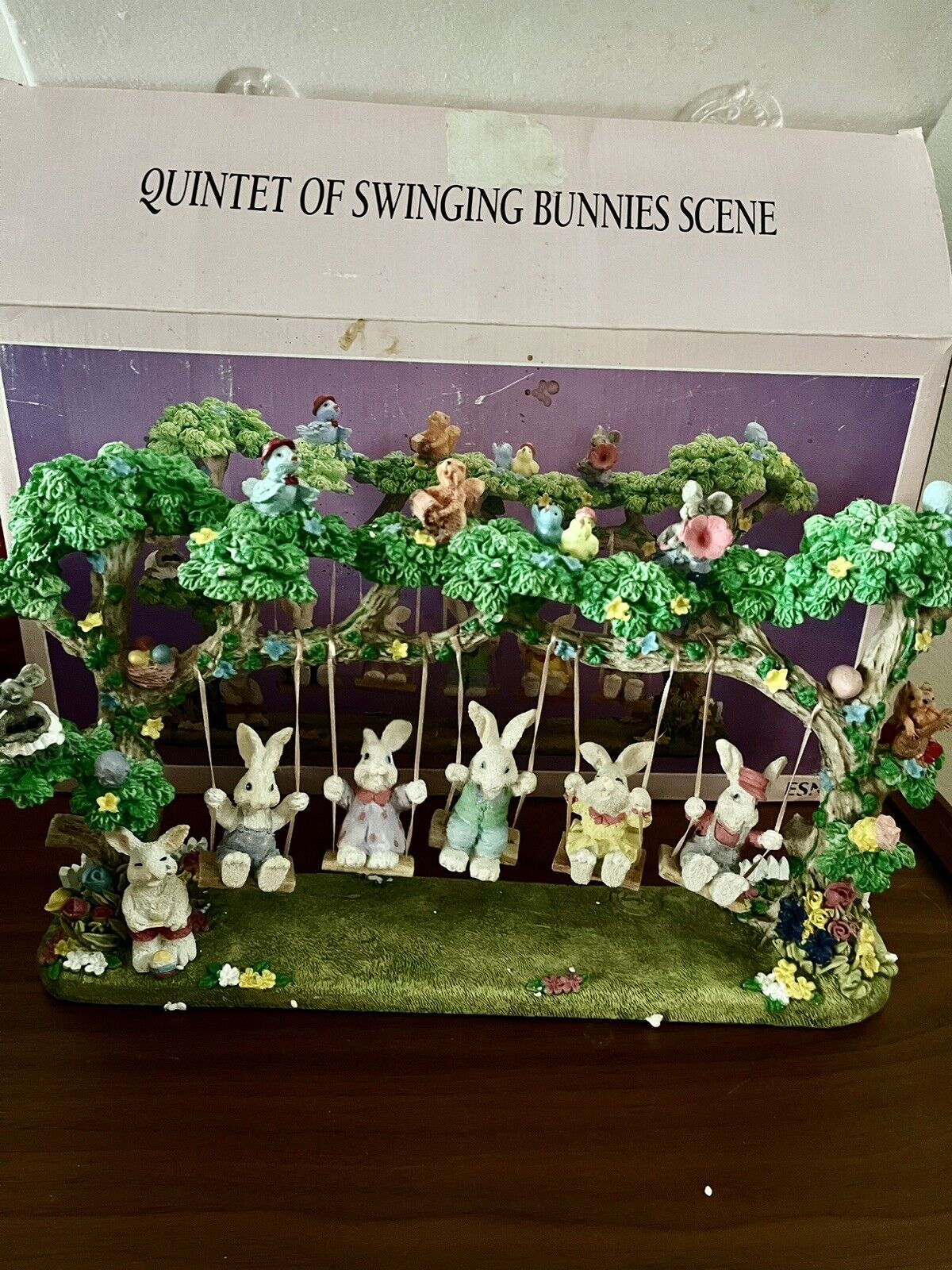Vintage Quintet Of Swinging Bunnies Scene Easter Village ESN Figure Spring Decor