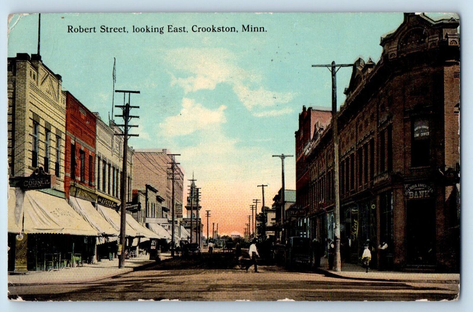 Crookston Minnesota MN Postcard Robert Street Looking East Scene Buildings 1913