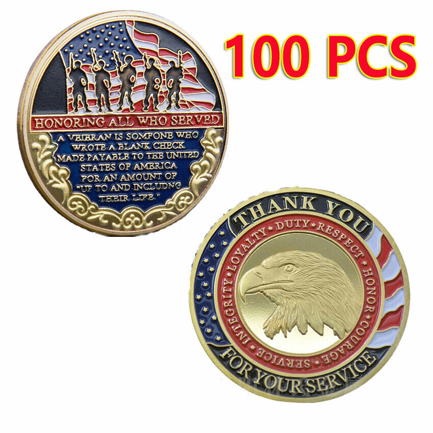 100PCS Challenge Coin Thank You for Your Service Appreciation Veteran Military