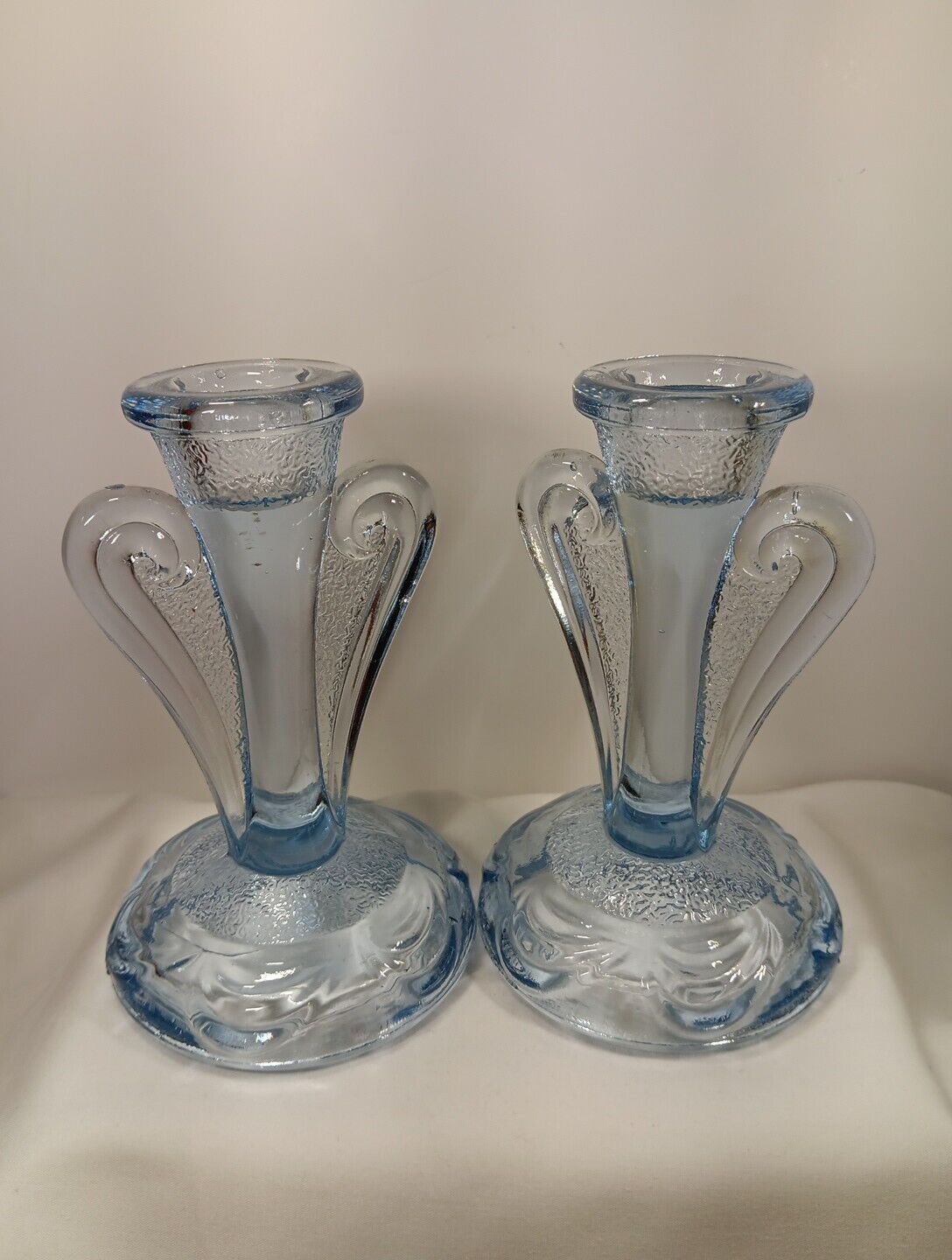 2) Vtg. Bagley Reuthland Lilac Blue Glass Candle Holders. Britain.
