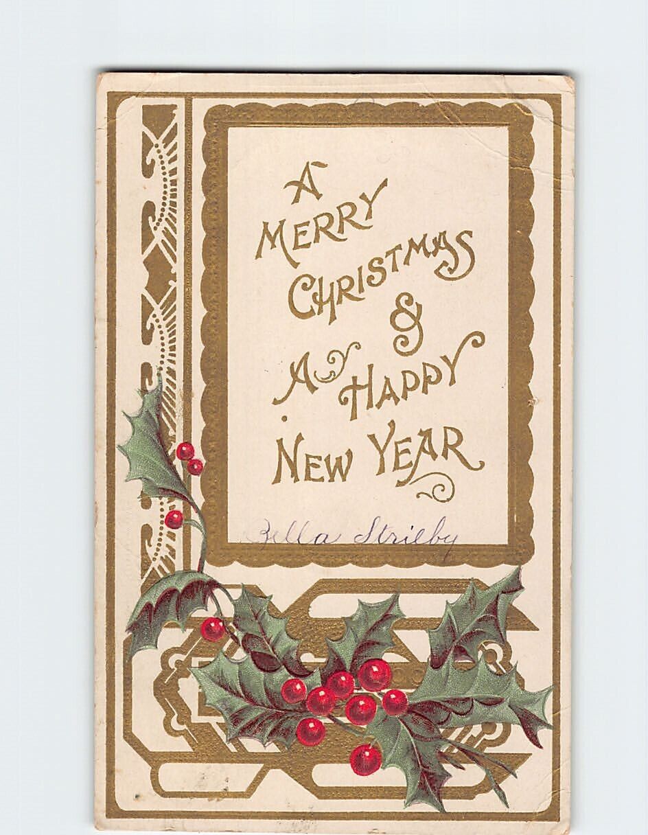 Postcard A Merry Christmas & A Happy New Year with Hollies Embossed Art Print
