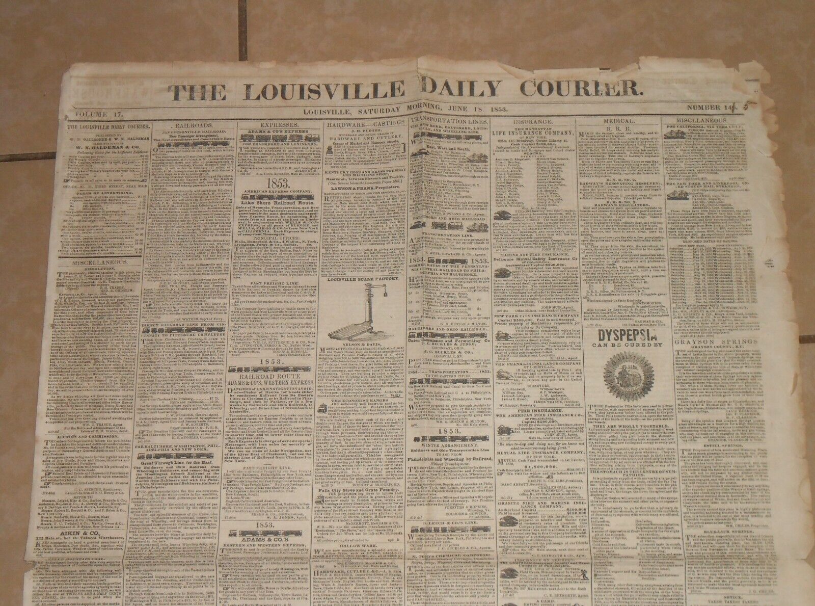 Rare Large Antique June 18, 1853 Louisville,Ky Rag Newspaper COA
