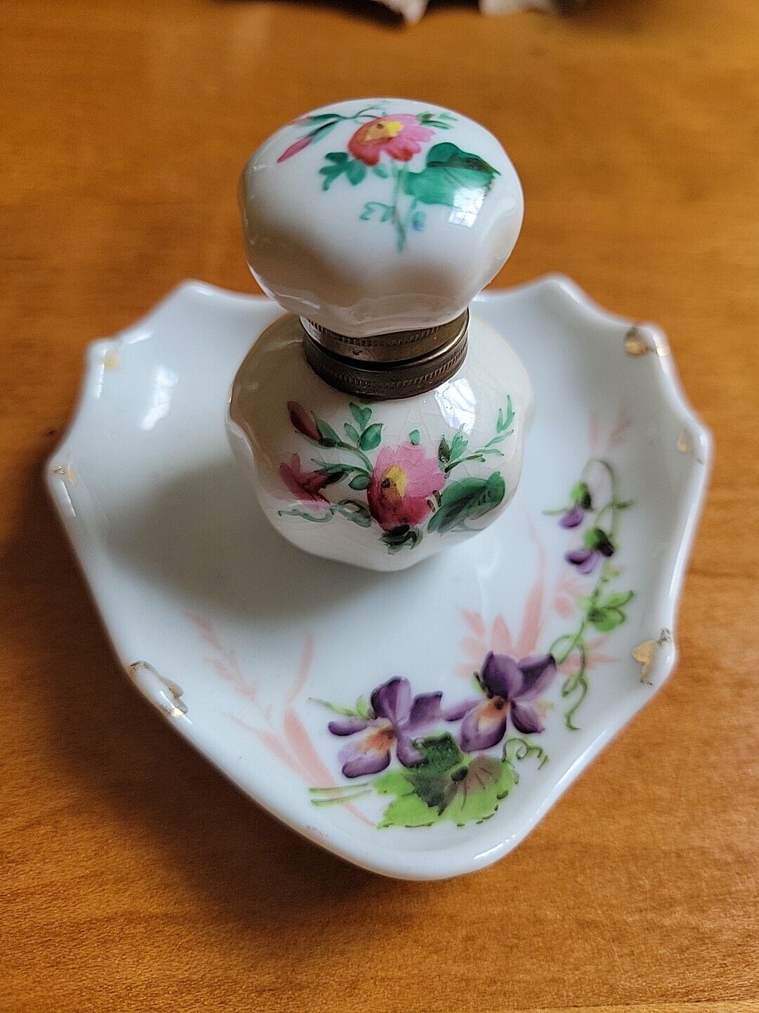 Antique Porcelain Hinged Inkwell With Plate