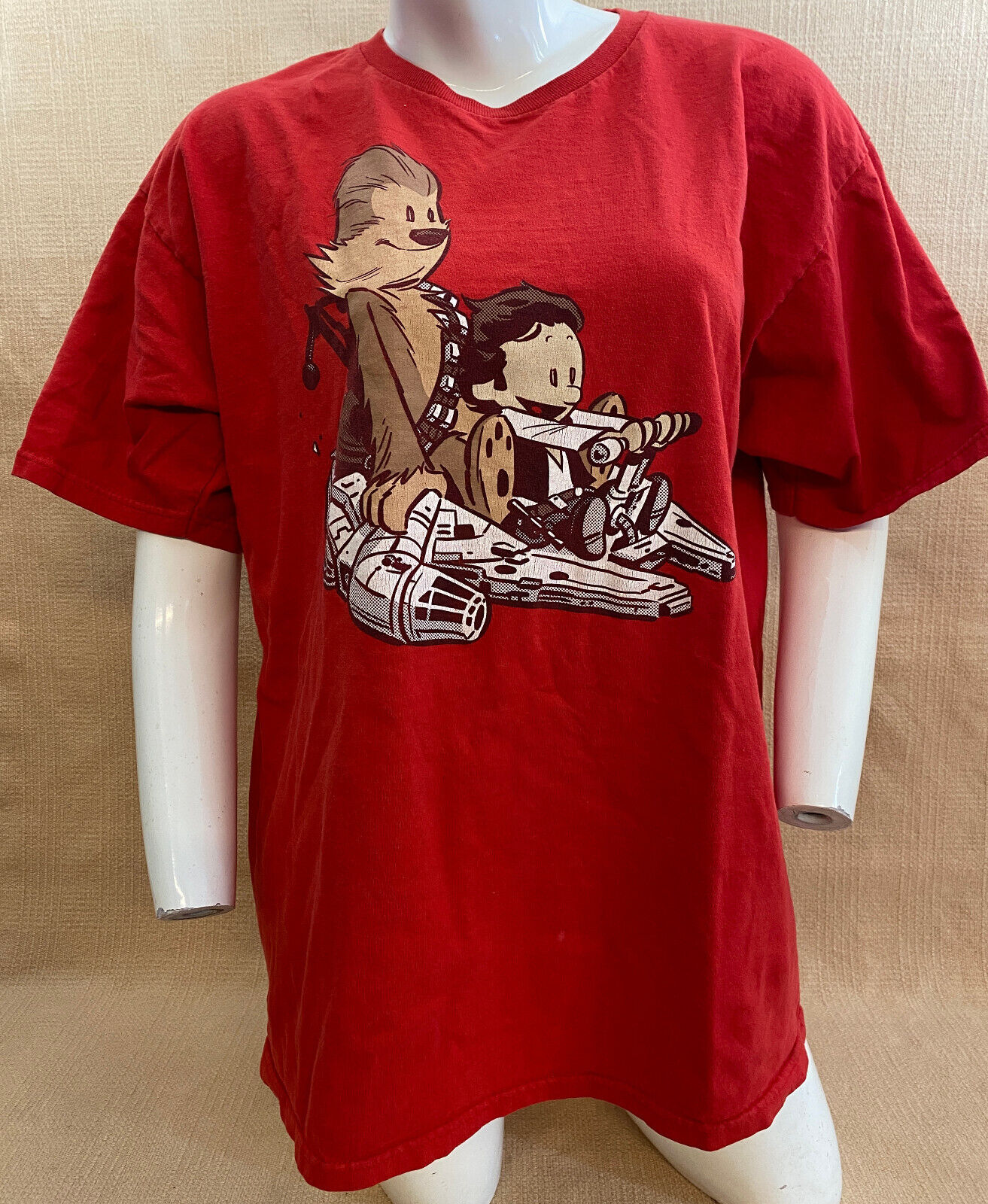 Calvin & Hobbes T-Shirt Red Star Wars Chewbacca & Han Solo Men L Tee Fury