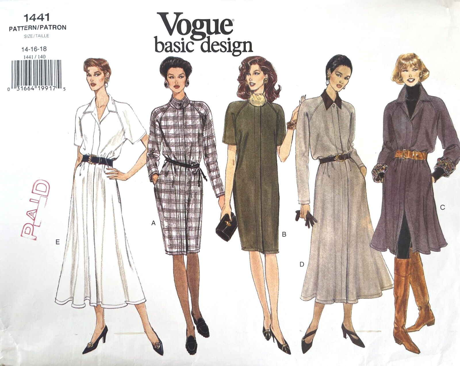 1990\'s  VOGUE Misses\' Dress Pattern 1441 Size 14-18 UNCUT