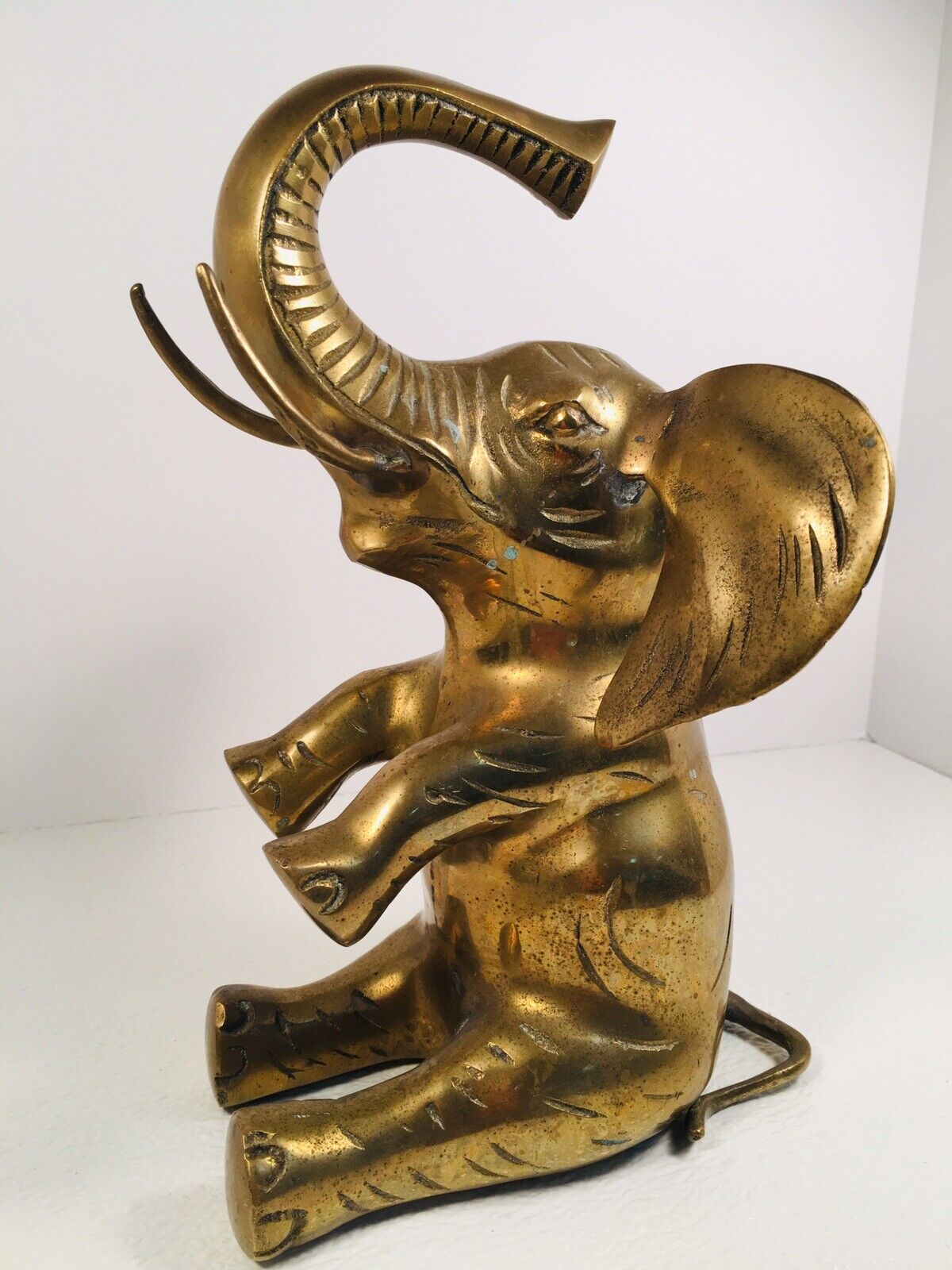 Large Vintage Solid Brass Elephant  Trunk Up Decor Figurine 10”