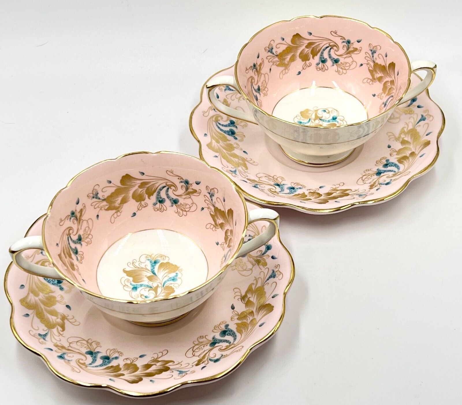 TWO LOVELY COALPORT ENGLAND PINK CREAM SOUP CUPS & SAUCERS, STRANGE ORCHID