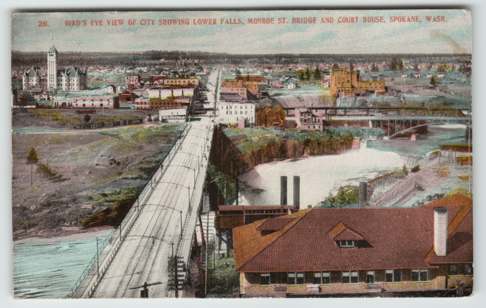 Postcard Vintage Bird\'s Eye View of Spokane, WA with Lower Falls and Monroe St.
