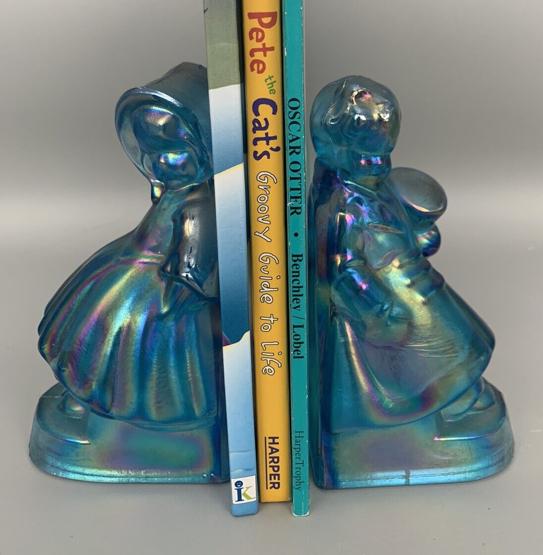 PAIR WHEATON GLASS BOOKENDS  Vintage Iridescent  Blue Boy & Girl Carnival Glass 