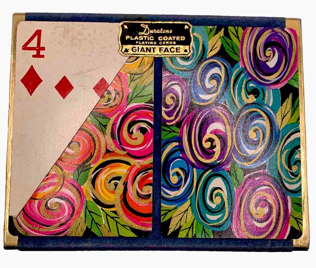 VINTAGE Duratone Plastic Coated Playing Cards Giant Face Set Groovy Floral RARE