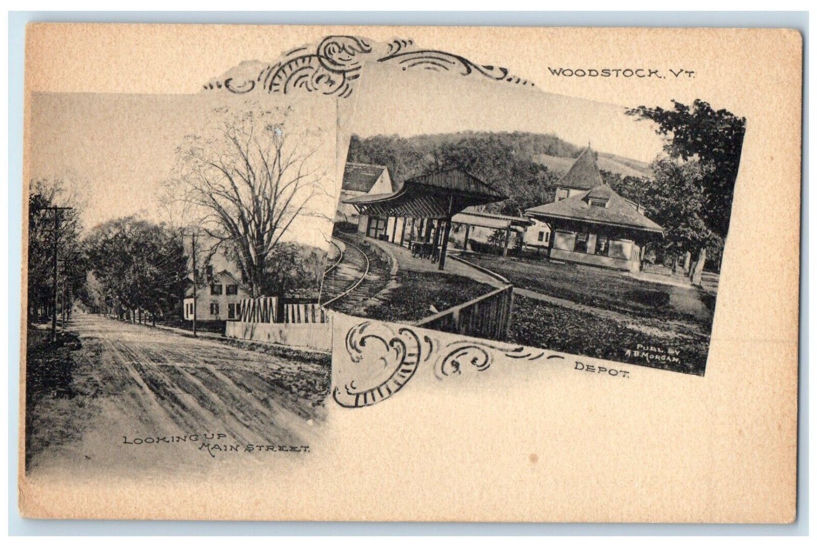 c1905 Railroad Station Depot Looking Up Main Street Woodstock VT Postcard  