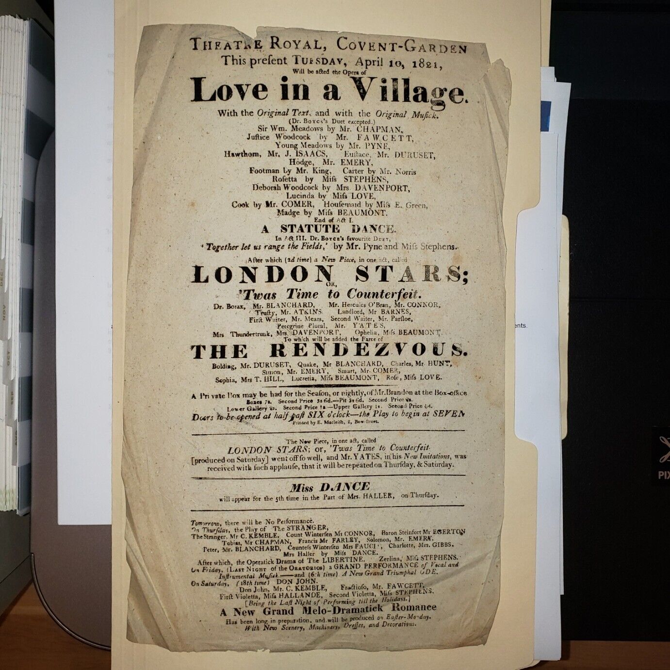 Play bill - Royal Theatre - Love in a Village, 1821