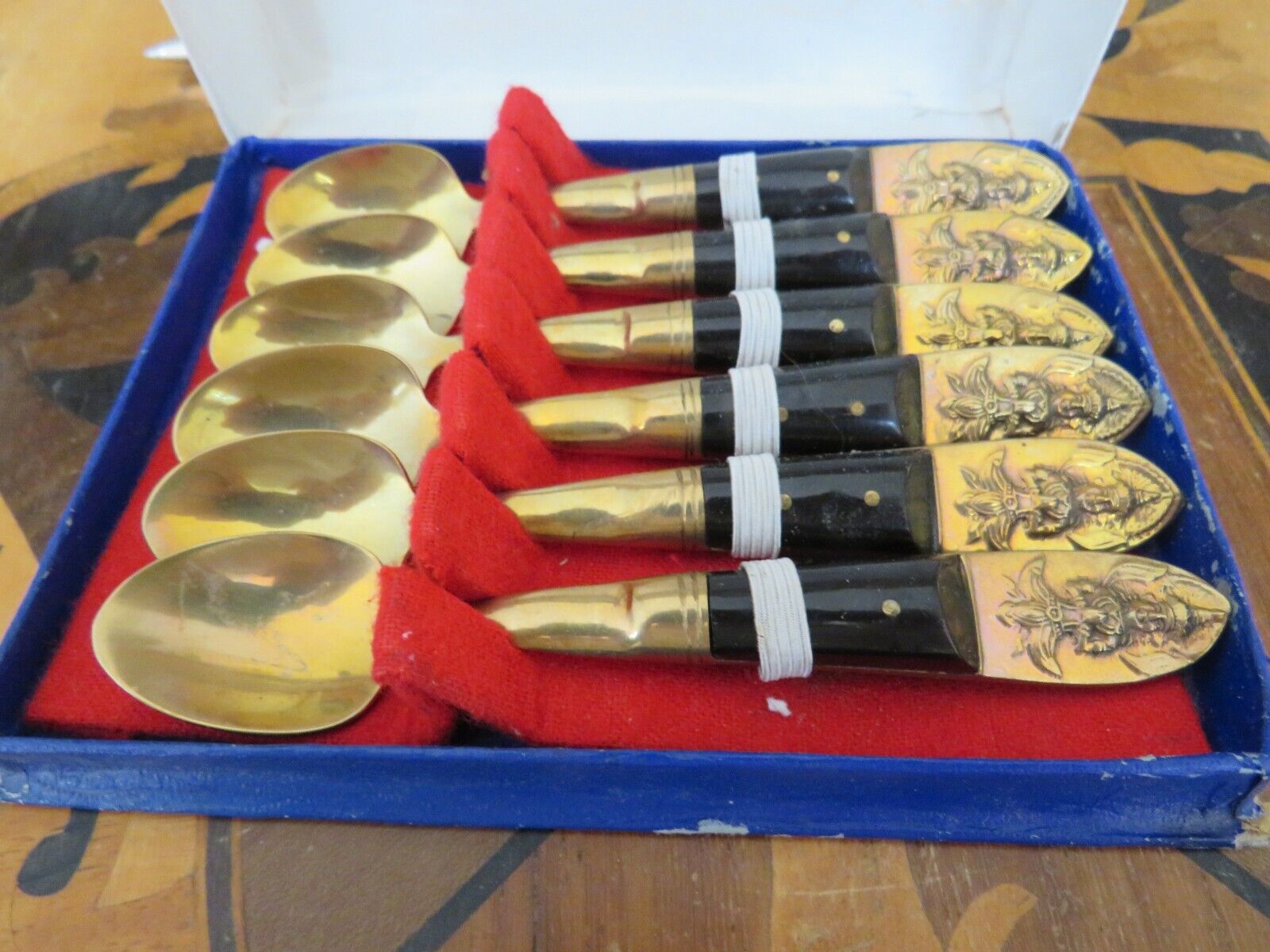 Vintage Anant Thai Jewelry Lapidary Brass Wood Tea Demitasse Spoon Buddha Set 6