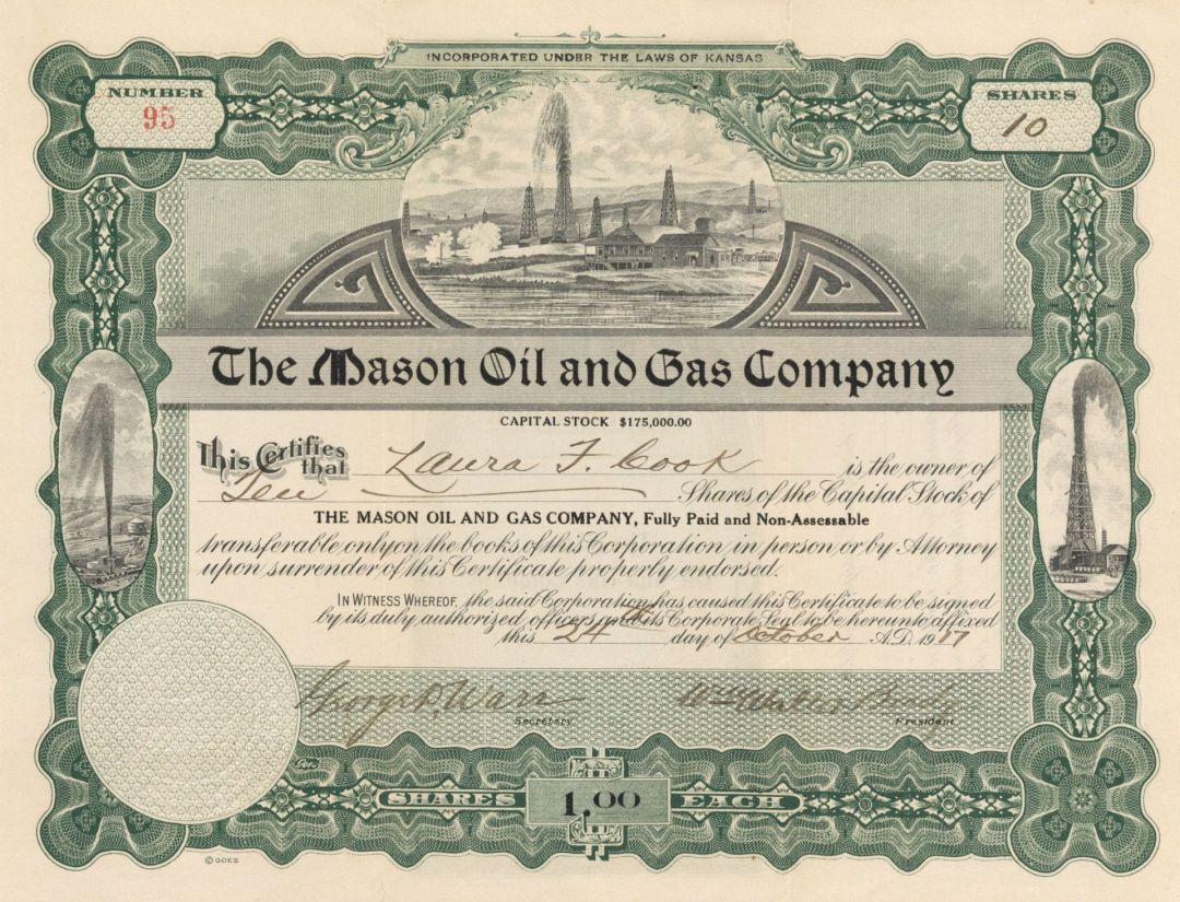 Mason Oil and Gas Co. - 1917 dated Stock Certificate (Uncanceled) - Oil Stocks a