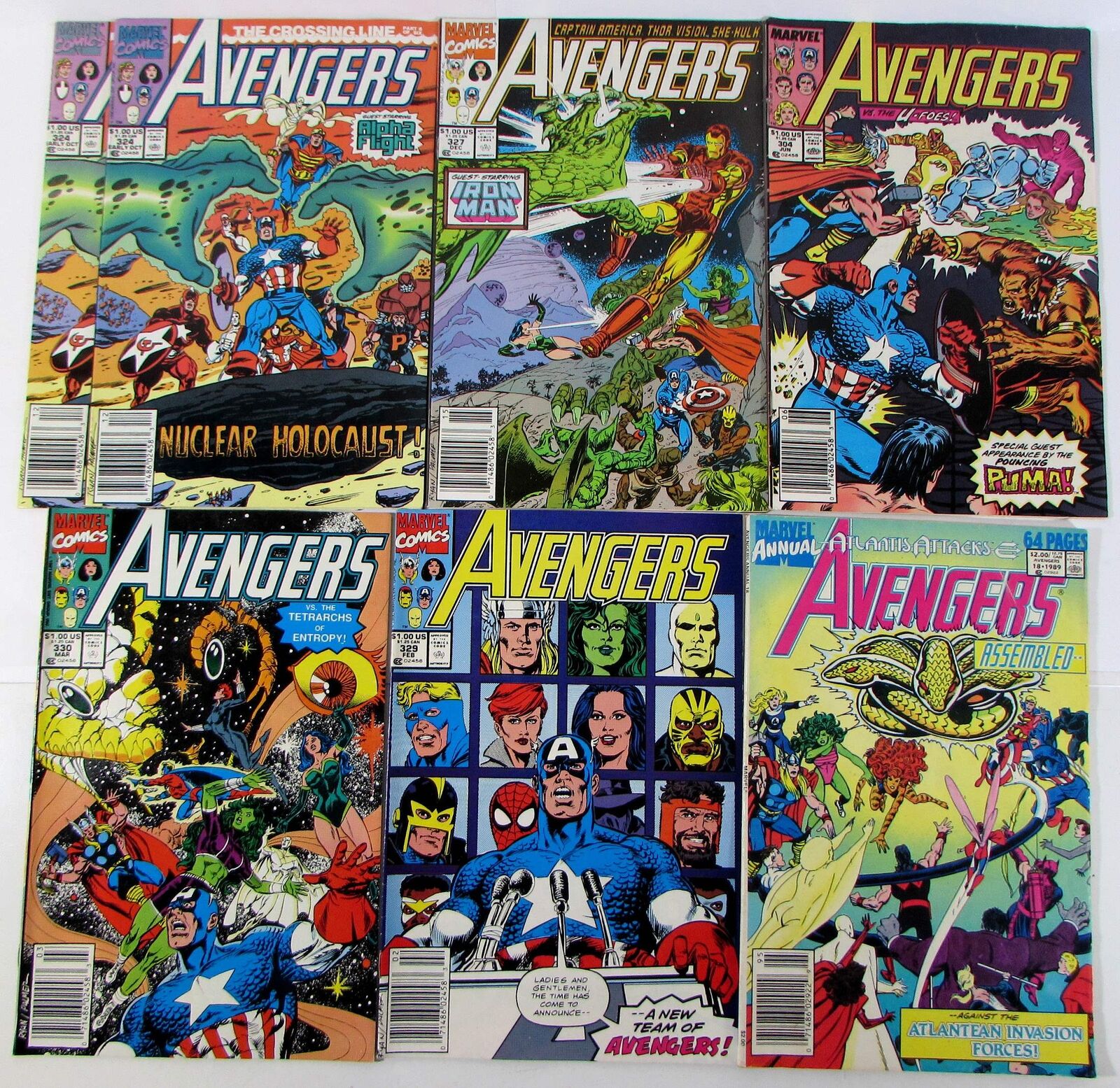 Avengers Lot of 7 #324 x2,327,304,330,329,18 Marvel (1990) Comic Books