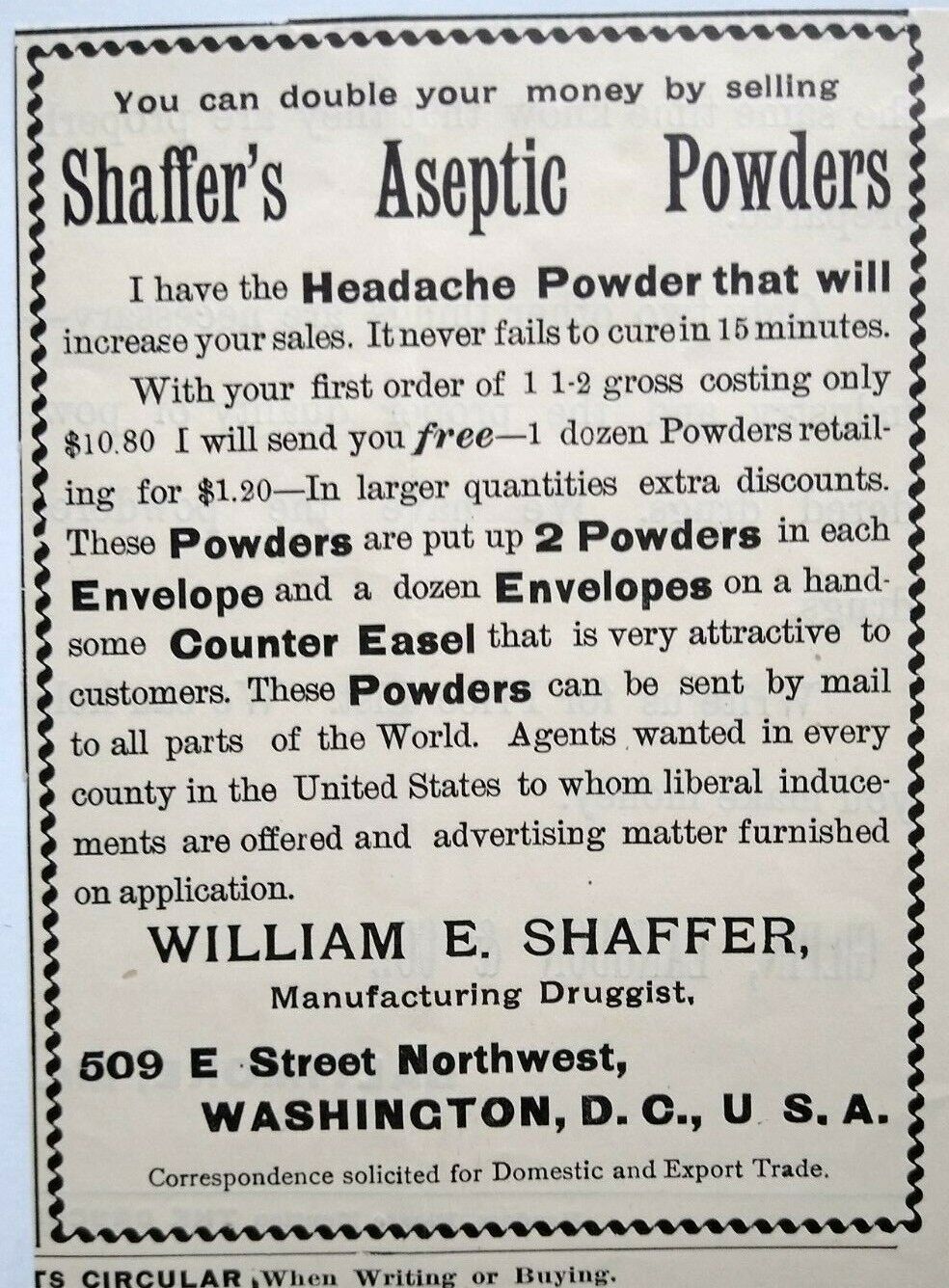 Quack Medicine Vintage Print Ad 1896 Shaffer\'s Aseptic Powders Washington DC