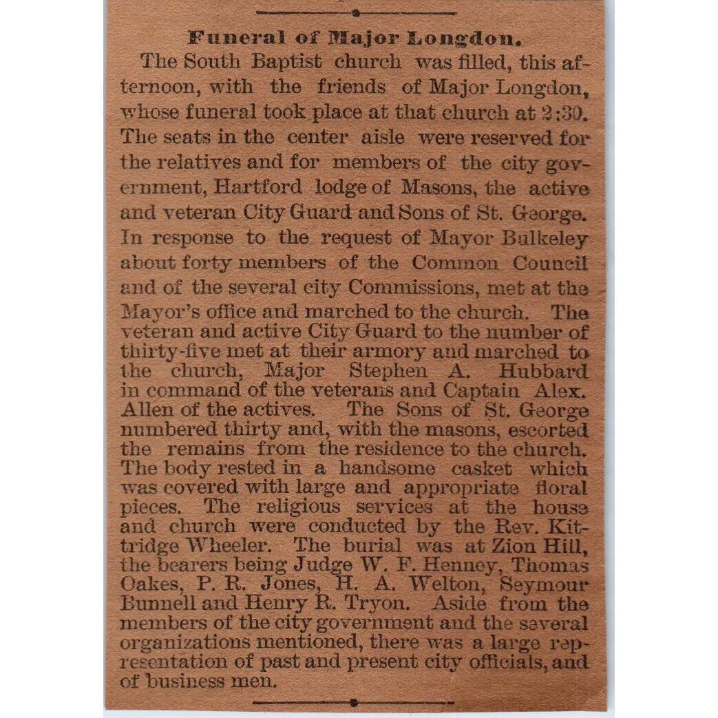 Funeral of Major Longdon Announcement Hartford 1886 Newspaper Ad AF7-E5