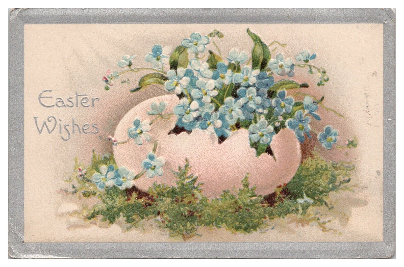 Vintage 1910's Embossed Easter Wishes Postcard Egg w/ Flowers Silver Border Unp